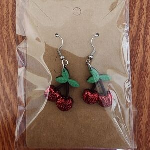Glitter Cherry Dangle Earrings - Red and Green Stainless-Steel Fishhook Earrings
